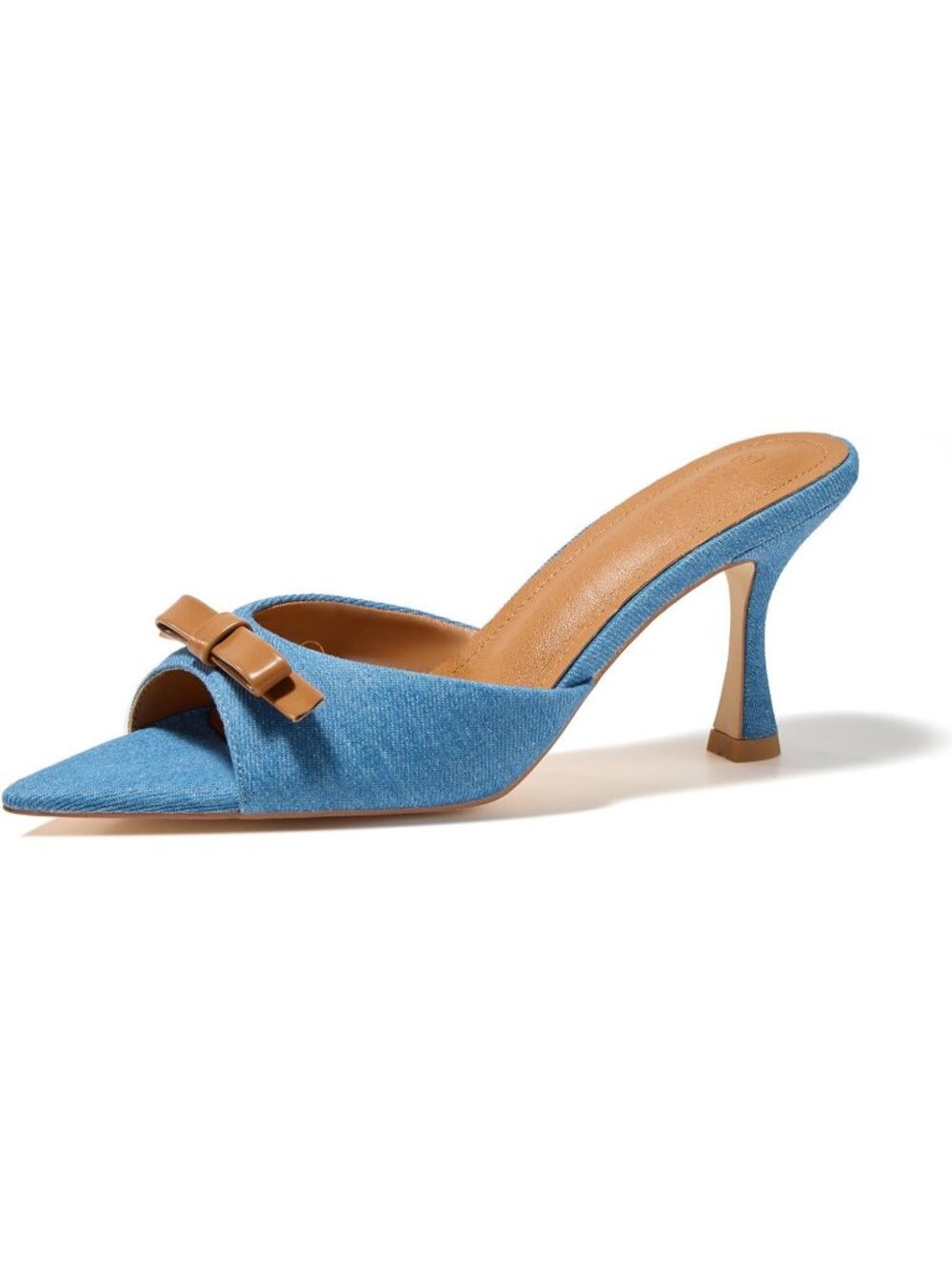 Women's Denim Blue Pointed Open Toe Heeled Sandals Slip On Heels Backless Shoes